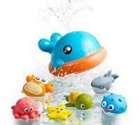 OR OR TU Baby Bath Toys Whale Sprinkler, Light Up Bath Toys with 6PCS No Hole Floating Animals, Bathtub Toys Age 18 Months Baby Toddler Shower Swimming Toys