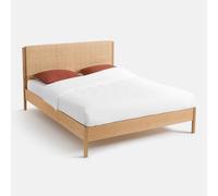 Ora Oak, Oak Veneer and Woven Rattan Bed with Bed Base Oak