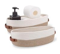 Oradrem 2 Pack Cotton Rope Bathroom Decor Basket, Toilet Paper Holder, Farmhouse Home Decor Organizing Basket 13"x5.9"x4" Brown Stitching White