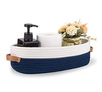 Oradrem Toilet Basket Woven Storage Basket for Toilet Tank Top Farmhouse Home Decor Organization Baskets 13 x 6 x 4 inch Navy Stitching White