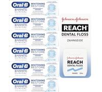 Oral-B 3D White Clinical Whitening Restore Toothpaste, Remove Surface Stains, Enamel-Safe Whitening Toothpaste, 70ml (Pack of 6) + Waxed Dental Floss, 50m
