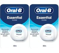 Oral-B Essential Floss - Removes Plaque - Waxed Dental Floss for Tight Spaces - Shred-Resistant - Unflavoured - 50m Roll (Pack of 2)