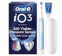 Oral-B iO3 Electric Toothbrush, Ice Blue, with Travel Case and Toothpaste | 1 Brush Head, Toothpaste Included, 3 Cleaning Modes, Visible Pressure Sensor, 2-Min Timer, Long-Lasting Battery