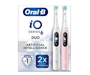 Oral-B iO6 2x Electric Toothbrushes For Adults, 2 Handles, 2 Toothbrush Heads, 5 Modes with Teeth Whitening, UK 2 Pin Plug, White and Pink