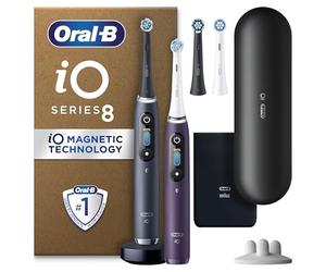 Oral-B iO8 2X Electric Toothbrushes for Adults, App Connected Handles, 4 Toothbrush Heads, 1 Travel Case, Toothbrush Head Holder, 6 Modes, 2 Pin UK Plug, Black/Violet
