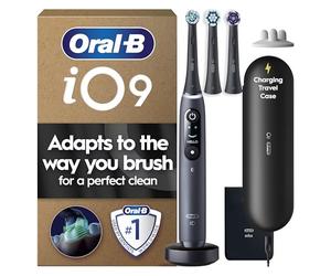 Oral-B iO9 Electric Toothbrush for Adults, Black, App Connected Handle, 7 Cleaning Modes, Includes 3 Brush Heads, Charging Travel Case and Head Holder, Long-Lasting Battery for Home Travel, 2 Pin Plug