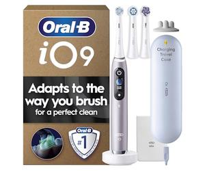 Oral-B iO9 Electric Toothbrushes For Adults, App Connected Handle, 3 Toothbrush Heads, Charging Travel Case and Toothbrush Head Holder, 7 Modes, 2 Pin Plug, Rose