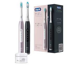 Oral-B Pulsonic Slim Luxe 4900 Twin Pack Electric Sonic Toothbrush for Healthier Gums in 4 Weeks, 3 Cleaning Programmes Including Sensitive, Timer, 2 Replacement Brushes, Black/Rose Gold