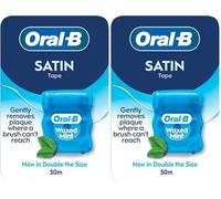 Oral-B Satin Tape Floss, Removes Plaque, Waxed Dental Floss for Tight Spaces, for a Fresh, Clean Feeling, Mint Flavour 50m Roll (Pack of 2)