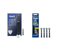 Oral-B Vitality Pro Electric Toothbrush, 1 Handle, 2 Toothbrush Heads, 3 Brushing Modes, 2 Pin UK Plug, Black + 4 Oral-B Pro Cross Action Electric Toothbrush Heads