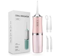 Oral Irrigator Portable Water Flosser, USB Rechargeable Water Jet Tooth Pick + 4 Jet Tip 3 Modes Waterproof Teeth Cleaner, 220ml 3 Modes IPX7 1400rpm Teeth Cleaning (Pink)