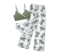 Oranchids Girls Swimsuit 3 Pieces Tropical Print V Neck Bikini Set with Quick Dry Over Bottoms 9-16 Years, Green palm, 11-12 Years