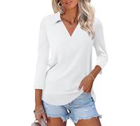 ORANDESIGNE Women's 3/4 Sleeves V Neck Polo Shirts Casual Summer Tops Basic Collar Cute Tees, White, M