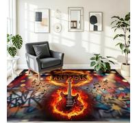 Orange 3D Cool Washable Rugs for Living Room Bedroom | 160 x 230 cm Soft Low Pile Music Guitar Lettering Flame Rugs, Non Slip Stain for Kids Room Teen Room Playroom