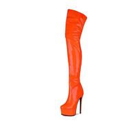 Orange,45,Ladies Patent Leather Over The Knee Boots, Fashion Platform Stiletto High Heels Nightclub Long Boots with Zip, Large Size Pointed Toe PU Thigh High Cosplay Boots