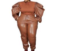 Orange,5XL,Women's PU Leather Sexy Casual Sports Long Sleeve Sweatshirt Sweatpants 2-Piece Set DS Nightclub Stage Costume