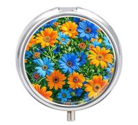 Orange and Blue Flowers Pill Box - 3 Compartment Travel Pill Organizer with Small Mirror, Portable Pillcase for Pocket & Purse, Cute Round Medicine Case, Weekly Medicine Container
