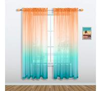 Orange and Green Curtains 63 Inch Length for Bedroom Decor Set 1 Panel Pocket Window Sheer Drape Semi Transparent Sea Turquoise Ombre Sunset Curtains for Kitchen Bathroom Living Kids Room 52x63 Long