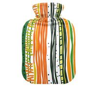Orange and Green Stripe Pattern Doodle Art hot Waterbottle with Soft Cover, 1L hotwater Bag for Menstrual Cramps,Neck and Shoulder Pain Relief,bolsas de agua Caliente para Dolores