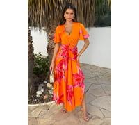 Orange And Pink Floral Print V Neck Cut Out Knot Detail Midi Dress AX Paris Orange 8