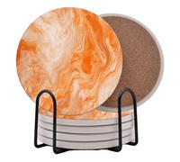 Orange and White Marble Round Coasters Set of 6 - Abosrbent Ceramic Coasters with Metal Stand for Drinks, Coffee, Non-Slip Cork Back for Tabletop Protection, 4 Inches Marbled Pattern (Orange)