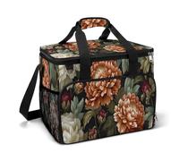 Orange and White Peonies Green Leaves Camping Cooler Bag Insulated Beach Coolers Portable Leak Proof Bags with Shoulder Strap