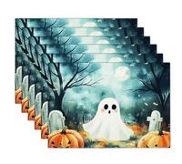Orange And White Pumpkin Ghost Printed Placemats Set Of 2Pcs For Halloween Party,Watercolor Art Pattern Place Mats 45X30 Cm Anti Slip Table Mats,Waterproof Placemats Oil Proof Washable