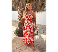 Orange And White Tropical Print Shirred Straps Button Detail Midi Dress AX Paris Orange 14