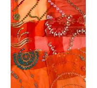 Orange Assorted Embellished Sari Fabric Remnants Scraps - 10 Pieces (Orange)
