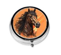 Orange Background with Horse Head Pill Box Metal Round Small Pill Case Cute 3 Compartment Pill Organizer Portable Travel Pillbox Mini Pill Container Holder for Daily Medicine Supplement Vitamin