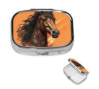 Orange Background with Horse Head Pill Case Portable Square Pill Box 2 Compartment Pill Organizer Cute Travel Pill Container Vitamin Organizer for Purse Pocket Travel Gift
