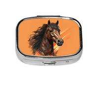 Orange Background with Horse Head Print Pill Box Square Pill Case 2 Compartment Small Metal Medicine Organizer Portable Travel Pillbox for Pocket Purse Cute Mini Pill Container to Hold Daily Vitamins