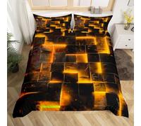 Orange Black Bed Set 3D Glowing Buffalo Duvet Cover Double Size Modern Abstract Art Double Bedding Sets Geometric Plaid Comforter Cover, Gradient Futuristic Cubes Bed Set (Black Reversible)