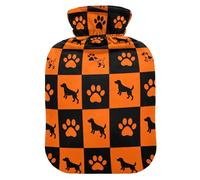Orange Black Checkers Dog Paw Prints hot-Water Bottle with Soft Cover, 2L hot compresses for The Body for Period Cramps, Hand Feet Warmer, bolsas de agua Caliente para Dolores