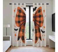 Orange Black Plaid Bow Blackout Curtains Panels, Bat Spider Web Drapes for Windows, Halloween Element Thermal Insulated Blackout Curtains Window Treatments for Bedroom, W 90" x L 72" x 2 Panels