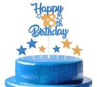 Orange Blue Birthday Cake Topper, Cartoon Themed Adult Number 18 Cake Happy Party Decoration,Double-sided Shine Woman Man Birthday Celebration Decoration