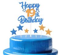 Orange Blue Birthday Cake Topper, Cartoon Themed Adult Number 19 Cake Happy Party Decoration,Double-sided Shine Woman Man Birthday Celebration Decoration