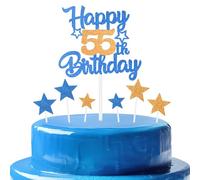 Orange Blue Birthday Cake Topper, Cartoon Themed Adult Number 55 Cake Happy Party Decoration,Double-sided Shine Woman Man Birthday Celebration Decoration