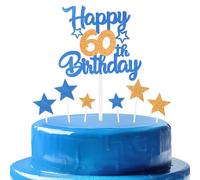 Orange Blue Birthday Cake Topper, Cartoon Themed Adult Number 60 Cake Happy Party Decoration,Double-sided Shine Woman Man Birthday Celebration Decoration