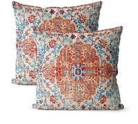 Orange Blue Ethnic Boho Pillow Covers 16X16 Inch Set of 2, Bohemian Carpet Pattern Throw Pillows Vintage Rust Coral Floral Outdoor Decorative Square Linen Cushion Covers for Home Couch Sofa Bedroom