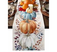 Orange Blue Pumpkins Fall Table Runner 90 Inches Long for Kitchen Dining, Thanksgiving Eucalyptus Leaves Dresser Scarf Farmhouse, Autumn Dining Table Decorations for Wedding/Parties, 13 x 90 in