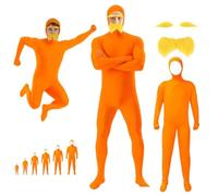 Orange Bodysuit Costume Unisex, Slenderman Costume with Beard and Eyebrows, Open Face Cosplay Jumpsuit for Halloween and Theme Party