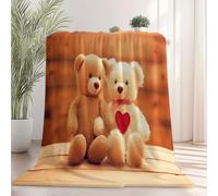 Orange-Brown Flannel Blanket with Cute Retro Teddy Bear Print, Soft and Cozy 150 x 200 cm Warm Bedding Blanket for Sofa Travel Birthday Gift, for child Women Men