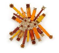Orange, Brown Metal Bar and Citrine Crystal Cluster Brooch In Gold Tone - 55mm L