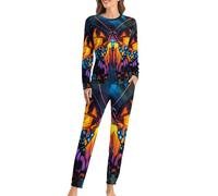 Orange Butterfly in Night Casual Pajamas Set for Women Two Piece Crewneck Long Sleeve Pj Tops Bottoms Loungewear