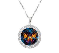 Orange Butterfly in Night Shiny Diamond Necklace for Women Personalized Round Pendant Chain Jewel Gift