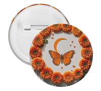 Orange Butterfly Moon Badge Metal Round Pins, Lightweight Brooch for Backpack, Fashion Button Pins Badge for Shirts, Jackets, Shawl Coat, Unisex, 5PCS, Tinplate, metal round pins
