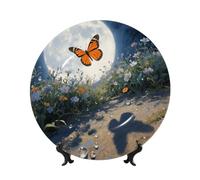 Orange Butterfly Moon Flower Bone China Decorative Plate,10in（25cm） Ceramic Decorative Plates with Display Stand,Ceramic Ornaments Art Porcelain Plate for Home Office Wall Decor Collections Plates