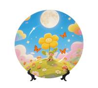 Orange Butterfly Moon Flower Bone China Decorative Plate,8in（20cm） Ceramic Decorative Plates with Display Stand,Ceramic Ornaments Art Porcelain Plate for Home Office Wall Decor Collections Plates
