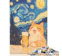 Orange Cat Beer Starry Night Puzzles 1000 Pieces for Teenagers Gifts Wooden Puzzle Jigsaws for Adults Puzzle for Adults And Teenager 1000pcs (75x50cm)